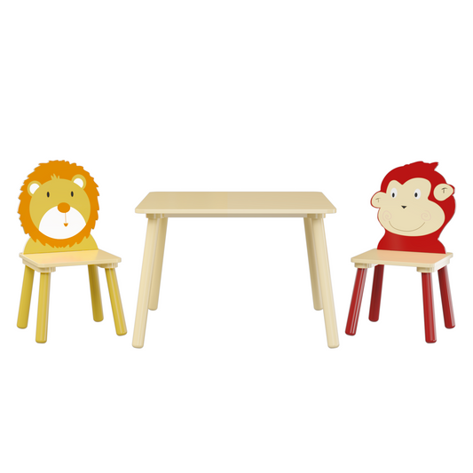 CareNooks Lion & Monkey Wooden Activity Play 3-Piece Table Set for Kids